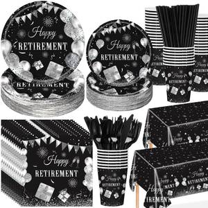 lot 13469 image: Funnymoom 452 Pcs Retirement Party Decorations Supplies Set Include Black and Silver Retirement Paper Plates Napkins Cups Tablecloth Cutlery Straws for Men Women Say Goodbye Party