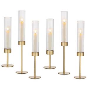 lot 13470 image: Hewory Gold Hurricane Candle Holders Brass Candlestick Holders Set of 6 Tall Taper Candle Holders for Candlesticks Candle Sticks Holder Decor for Table Centerpiece Wedding Party Christmas Decorations