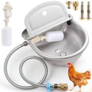 lot 13478 image: Automatic Water Dispenser for Chicken, 304 Stainless Steel Outdoor Auto Fill Waterer Bowl Self Refilling Watering System with 2 Float Valves and Drainage Hole for Chicken,Duck,Poultry