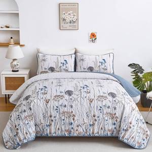 lot 13487 image: Dobuyly Blue Quilt Queen Size Floral Botanical Queen Quilt Bedding Set 3 Pieces Soft Lightweight Microfiber Brown Flower Bedspread Coverlet Set for All Season, 96inx90in