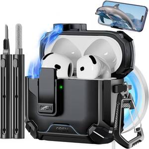 lot 14010 image: Pohgelan Compatible with AirPods 4 Case,Magnetic Automatic Lock with Phone Stand and Cleaning Kit,Compatible with Magsafe Cover -Black