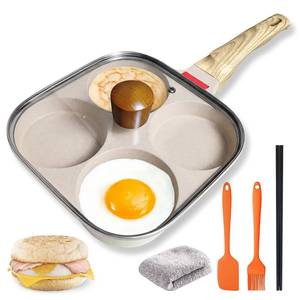 lot 14024 image: 4Cup Nonstick Egg Pan Set with Lid � Aluminum Omelette Skillet for Breakfast, Includes Silicone Scraper, Oil Brush, Chopsticks and Cleaning Cloth � Compatible with Gas and Induction Cooktops (White)