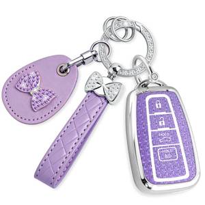 lot 14039 image: Rayslesan Key Fob Cover with Leather Holder Compatible with AirtagRFID,Compatible with Toyota Highlander RAV4 Camry Avalon Corolla C-HR Prius,RFID Protector,Car Key Accessories(4-Button, Purple)