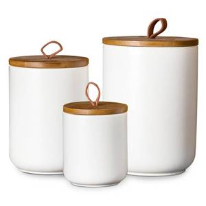 lot 14380 image: JOJUNO White Ceramic Canister Set with Wooden Lid, 3-Piece Airtight Food Storage Jars for Kitchen Counter - Flour, Sugar, Coffee, Tea, Spice - Small, Medium, Large Sizes