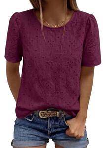 lot 14396 image: PRETTYGARDEN Embroidered Eyelet Tops for Women Summer Blouses Dressy Casual 2026 Spring Work Teacher Puff Short Sleeve Shirts (Burgundy,Large)