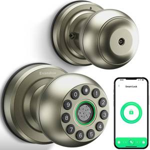 lot 14398 image: Evanshow Smart Door Knob Fingerprint Door Lock 4-in-1 Keyless Entry (FingerprintAppCodeKey) with Auto-Lock Easy Install for HomeBedroomOffice-Silver