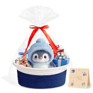lot 14445 image: Yeeeasy Small Woven Basket with Gift Bags and Ribbons Cute Baskets for Gifts Empty 12inx8inx5in Small Rope Toy Basket for Babies Baskets for Storage, White and Navy Blue