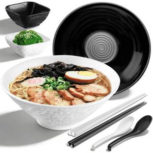 lot 14448 image: Kyraton Ramen Bowl Set 40oz with Chopsticks Dipping Bowls and Spoons 2 large Unbreakable Japanese Style Plastic Noodle Soup Bowls for Asian Pho Soup Thai Miso Udon Wonton (Black, White)