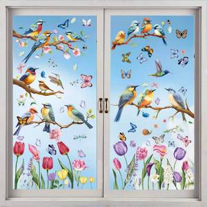 lot 14470 image: Vibrant Spring and Summer Window Clings - 78 PCS of Butterfly, Tree Branch Hummingbird, and Tulip Anti-Collision Window Stickers for Seasonal and Home Decor Delight