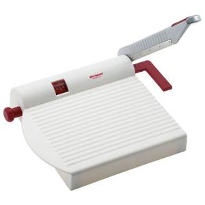 lot 14490 image: Westmark Adjustable Cheese Slicer with Board and Stainless Steel Sharp Blade, German Cheese Cutter with Precise Thickness Control, Multipurpose Food and Cheese Slicer, Effortless Slicing, White