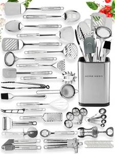 lot 19320 image: Home Hero 54-Piece Stainless Steel Kitchen Utensils Set - Heat-Resistant Nonstick Silicone and Stainless Steel Cooking Utensils - Complete Tools with Slotted Spoon and Pasta Spoon - Pack of 54, Silver