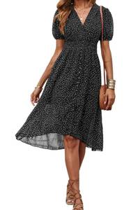 lot 20112 image: PRETTYGARDEN Womenfts 2025 Floral Summer Dress Wrap V Neck Short Sleeve Smocked Ruffle Hem A-Line Bohemian Midi Dresses (Green Leopard, Large)