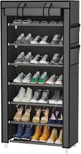 lot 19331 image: Calmootey 7 Tier Shoe Rack Organizer,Portable Shoe Shelf with Nonwoven Fabric Cover for Closet Hallway,Bedroom,Entryway,Black