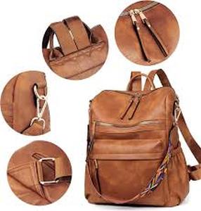 lot 20100 image: Brown Faux Leather Backpack with Multiple Compartments