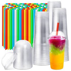 lot 1744 image: Lallisa 100 Sets Clear Plastic Cups with Dome Lids and Colorful Straws, Disposable Slushie Smoothie Cups PET Beverage for Party Iced Coffee Cold Drinks Juice Milkshake Fruit Tea Dessert(18 oz)