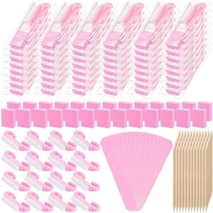 lot 1746 image: Leriton 100 Sets Mothers Day Professional Disposable Manicure Kit Basics 4 Piece Nail Kit Wood Nail File 100180 Grit, Mini Buffer 80100 Grit, Wood Stick and Handle Grip Brush Gifts(Pink)
