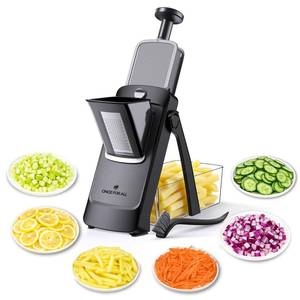 lot 1749 image: ONCE FOR ALL Safe Mandoline Slicer Pro, 4th Gen, Adjustable Thickness Vegetable Slicer For Kitchen, Food Chopper With Container, Veggie Chopper Cutter For Potato Onion Fruit, Black