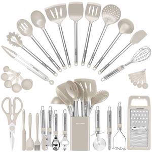 lot 1758 image: Kitchen Utensil Set-Silicone Cooking Utensils-33 Kitchen Gadgets & Spoons for Nonstick Cookware-Silicone and Stainless Steel Spatula Set-Best Kitchen Tools, Useful Pots (Khaki)