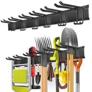 lot 1759 image: PIYILO Garage Tool Organizer Wall Mount with 48 inches Rails and 6 Double-layer Hooks, Garden Tool Rack Heavy Duty, Garage Hanging Storage Rack For Yard Tools, Shovel, Shed