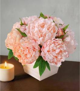 lot 1784 image: FancyPlus Artificial Peonies Flowers with Wood Planter, 12Pcs Light Pink Silk Floral Arrangements Home Decor, Centerpieces for Tables, Flower Bulk with Vase, Real Look Peony for Office Washroom