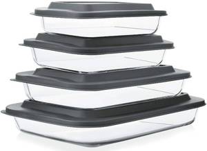 lot 1791 image: 8-Piece Deep Glass Baking Dish Set with Plastic lids,Rectangular Glass Bakeware Set with Lids, Baking Pans for Lasagna, Leftovers, Cooking, Kitchen, Freezer-to-Oven and Dishwasher, Gray