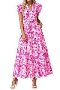 lot 2166 image: dowerme Women Summer Maxi Dresses 2026 Ruffle Sleeve V Neck Floral Boho Long Dress Belted Tiered Sundress with Pockets(Pink Flower,Medium)