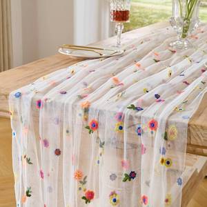 lot 2167 image: BINBE 12pcs Daisy Spring Table Runner Embroidery Gauze 10FT Florals Seasonal Tulle Holiday Birthday Kitchen Dining Table Decor for Home Party Ivory
