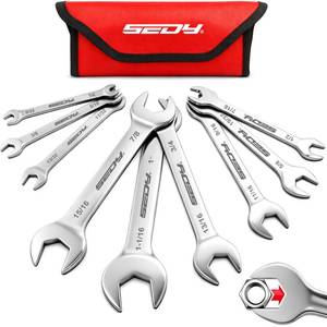 lot 2170 image: 9-Piece Super Thin Open-End Wrench Set, SAE 14-1-116, 3mm Thickness Slim Wrench Set for Tight Spaces, Nickel Plated Flat Wrenches with Rolling Storage Pouch