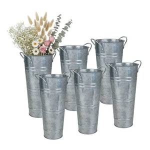 lot 2218 image: vensovo 9 Tall Galvanized Flower Bucket, 6 Pcs French Metal Vases with Handles, Tabletop Rustic Floral Buckets for Dried Flowers, Wedding Flower Bar & Home Decor, Silver