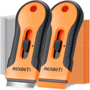 lot 2233 image: REXBETI Razor Blade Scraper Tool, 2 Pack Razor Scraper Set with Extra 80Pcs Razor Blades -30Pcs Metal and 50Pcs Plastic Blades, Cleaning Scraper Tool, Cooktop, Paint, Glass Scraper