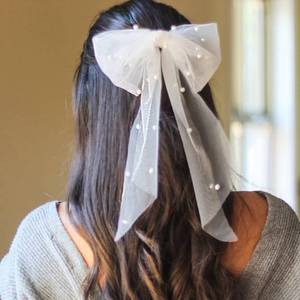 lot 2235 image: JEAIRTS Bridal Hair Bow Veil Pearl Wedding Hair Piece White Tulle Bow with Clip Bachelorette Party Hair Accessories for Women
