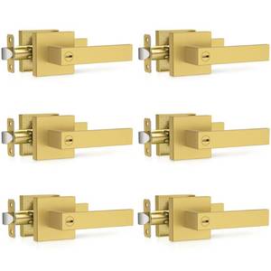 lot 3146 image: Plustool 6 Pack Brushed Gold Door Handles, Interior Door Knob Heavy Duty, Flat Square Privacy Door Locks, Keyless Door Leverset for Bedroom and Bathroom
