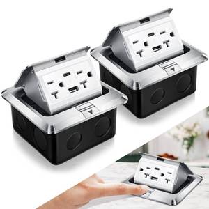 lot 3154 image: Hoolerry 2 Pack Pop up Floor Outlet Floor Kit Waterproof Electrical Outlet Cover Box with 4.8A USB A & Type C Charge and 20 Amp Tamper Resistant Socket Receptacle for Countertop Office Home (Silver)