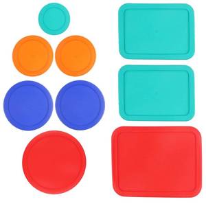 lot 4134 image: Replacement Lids for Pyrex (1) 7202-PC 1 Cup Green (2) 7200-PC 2 Cup Orange (2) 7201-PC 4 Cup Blue (1) 7402-PC 67 Cup Red (2) 7210-PC 3 Cup Light Green (1) 7211-PC 6 Cup Red Round Rectangle