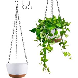 lot 4184 image: Kvetto Set of 2 Hanging Planters for Indoor Outdoor Plants, 8 Inch Self-Watering Hanging Flower Pots with Drainage Hole & Removable Water-Storage Tray (Hooks)