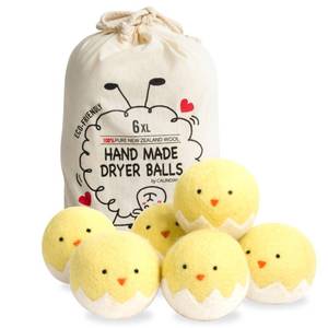 lot 4206 image: Calindiana 100% Organic Premium New Zealand Wool Dryer Balls Laundry Reusable Fabric Softener, Cute Dryer Sheets Alternative, Anti Static XL Size 6 Pack, Yellow Chick