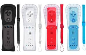 lot 4228 image: PGYFDAL 4 Packs Classic Remote Controller Compatible for Wii Wii U Console, Gamepad with Soft Silicone Sleeve and Wrist Strap (BlackWhiteRedBlue)