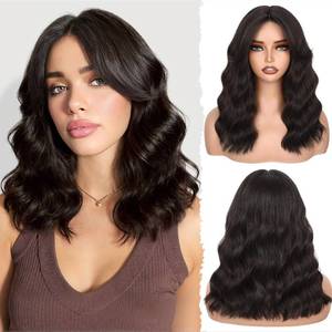lot 4251 image: FAVE 14 Inches Brown Wavy Bob Wig Synthetic Curtain Bangs Wig for Women Heat-Resistant Bob Wig for Daily Use��Dark Brown,190g��