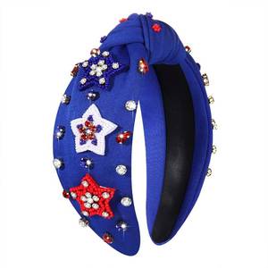 lot 4283 image: mokkia American Flag Rhinestone Knotted Headbands - Patriotic Accessories for Women, Red White and Blue Top Knot Party Favors (American Star 7)