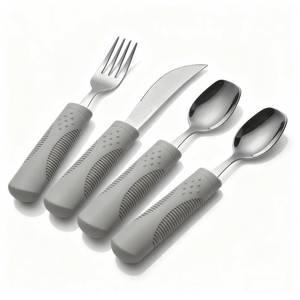 lot 6002 image: BaseSmall 5 oz Weighted Adaptive Utensils Set with Rocker Knife - Balanced Weighted Silverware for Parkinsons Disease, Moderate Hand Tremors & Essential Tremor, Ergonomic Grip Handles (Grey)
