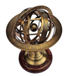 lot 6007 image: Castle Instruments Antique Brass 11 Armillary Sphere Globe Astrolabe Zodiac Engraved Celestial Globe Wooden Base missing base