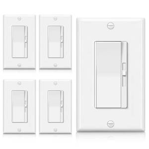 lot 6360 image: BESTTEN 5 Pack Super Slim Dimmer Light Switch for 300W Dimmable LEDCFL Lights and 600W IncandescentHalogen, Single Pole3-Way LED Slide Dimmer, Wall Plate Included, ETL Listed, White