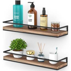 lot 6364 image: Meangood Floating Shelves Wall Mounted Set of 2, Rustic Wood Wall Storage Shelves for Bedroom,Living Room,Bathroom, Kitchen Torched Wood