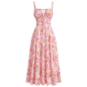 lot 6369 image: ABEHIK Womens Midi Length Dresses Summer Floral Corset Dress 2024 Boho Flowy Slit Bustier Lace Up Dresses Going Out A Line Casual Sundress Adjustable Spaghetti Straps Bodycon Pink XS