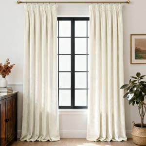 lot 6373 image: Triple Pinch Pleated Beige White Velvet Curtains 102 inch Long Living Room Darkening Thermal Insulated Luxury Modern Elegant Extra Long Pinch Pleat Drapes Heavy Thick Ivory Velvet Curtain for Bedroom