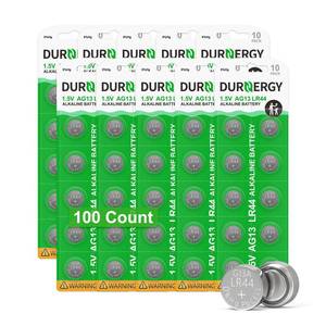 lot 6406 image: DURNERGY LR44 Batteries 100 Pack, AG13 L1154F 357 303 SR44 A76, Premium Alkaline Battery 1.5V Button Coin Cell Batteries