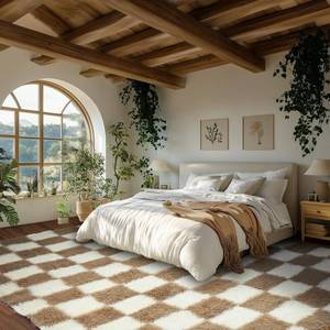 lot 6422 image: Ecoshag Soft Rugs for Living Room, 2x6 Ft Beige and White Checkered Fluffy Shaggy Rugs for Indoor Use, High Pile Ultra Fuzzy Rug for Bedroom Kids Nursery Rooms,Home Decor Aesthetic