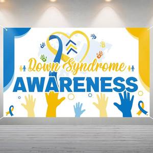 lot 6426 image: Tingjoo Down Syndrome Awareness Backdrop Blue Yellow Ribbon Awareness Theme Banner Down Syndrome Awareness Decorations 70.8 x 43.3 Inch Photo Backdrop