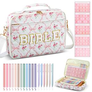 lot 6431 image: Sinload Quilted Bible Cover Case for Women 12 x 9 x 2.5 Inch Bible Chenille Letter Bag with Shoulder Strap Carrying Tabs 6 Colored Pens 12 Highlighters Christian Church Study Gifts(Pink,Bow Floral)