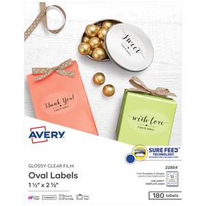 lot 6482 image: Avery Printable Blank Oval Labels, 1.5 x 2.5, Glossy Crystal Clear, 180 Customizable Labels (22854)